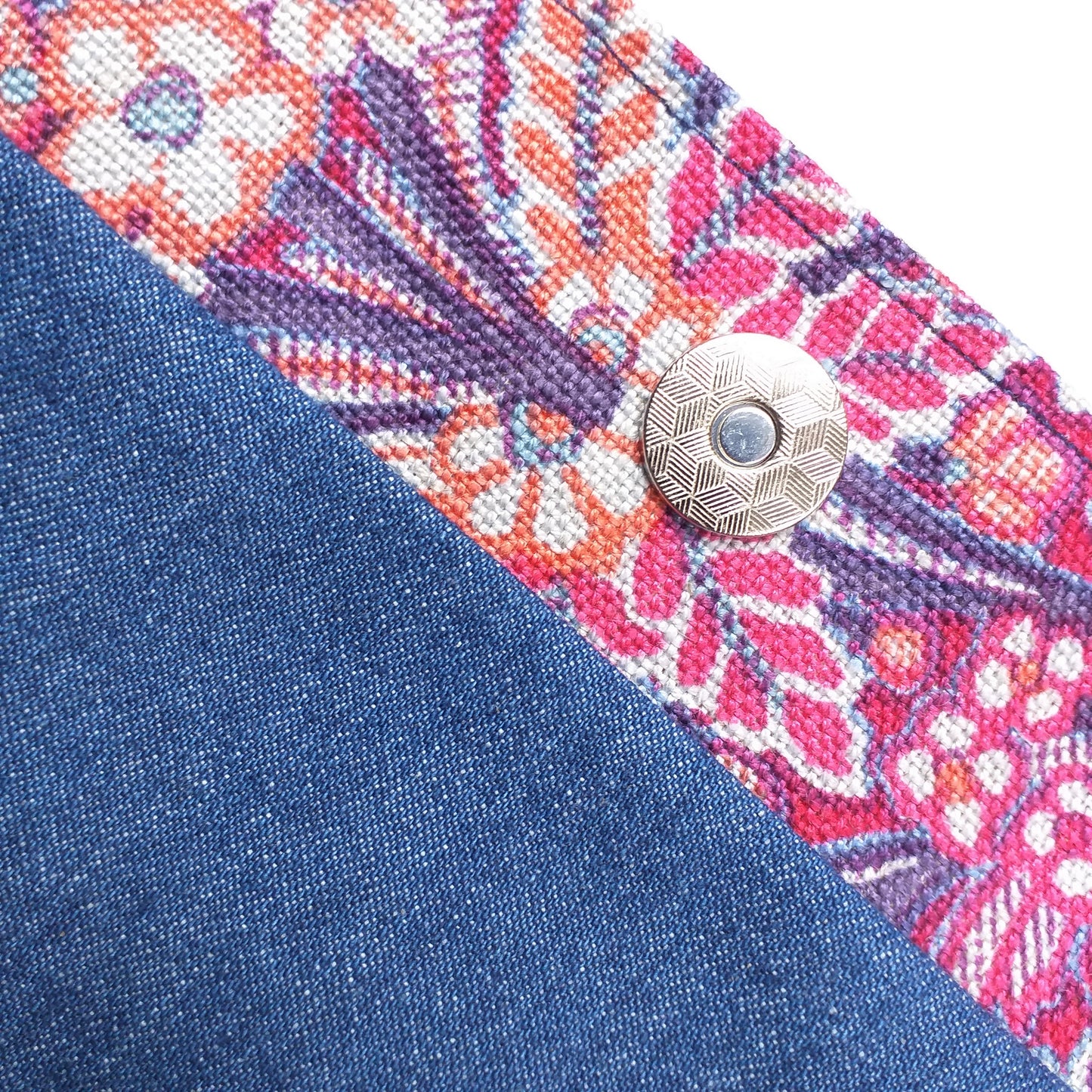 Close up view of a large tote bag magnetic closure