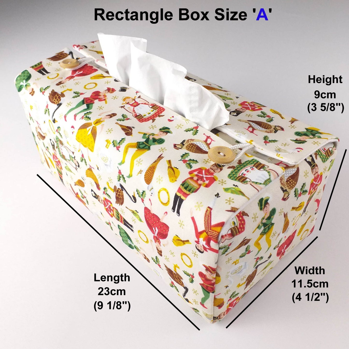 Rectangular tissue box cover with product details