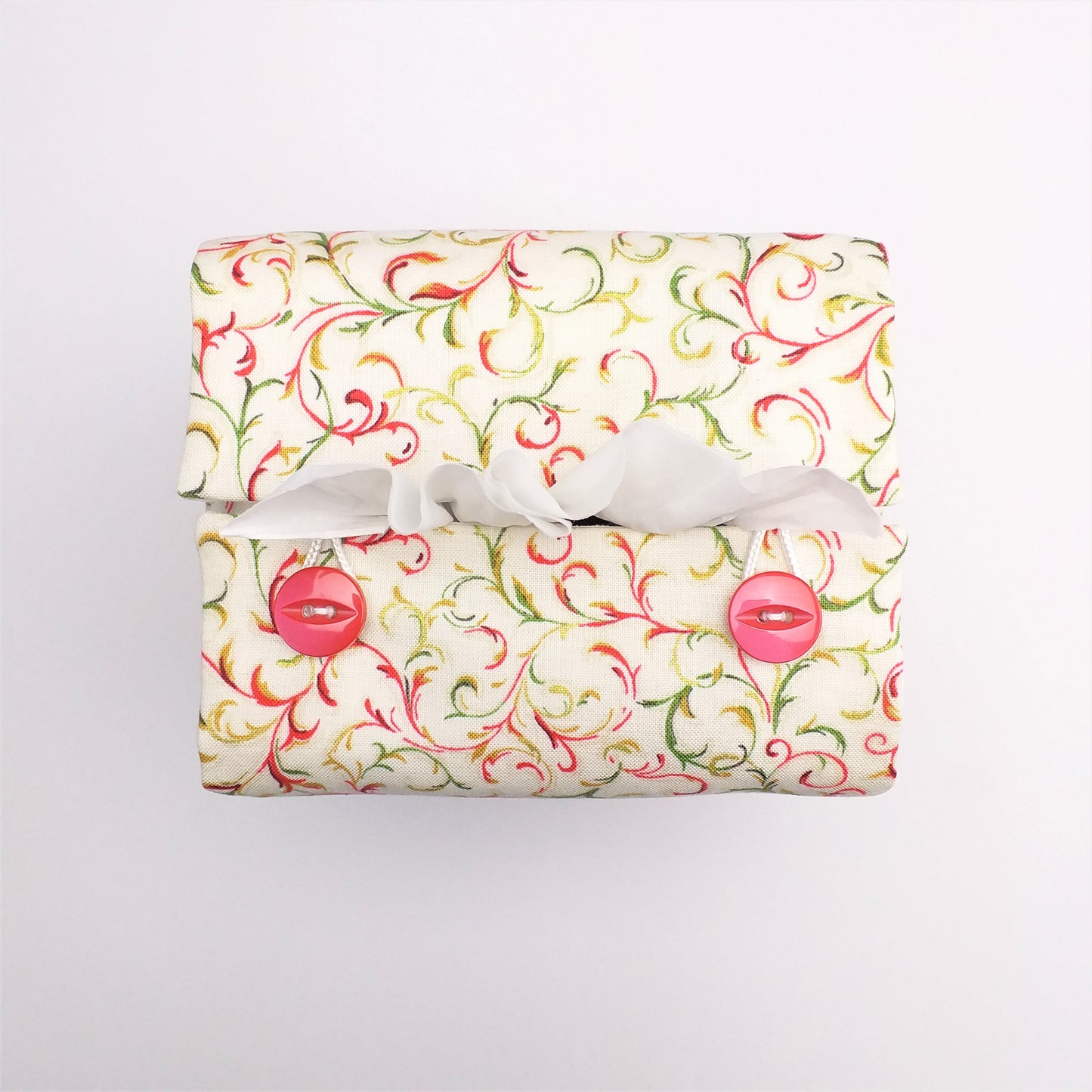 Top view of square tissue box cover with buttons