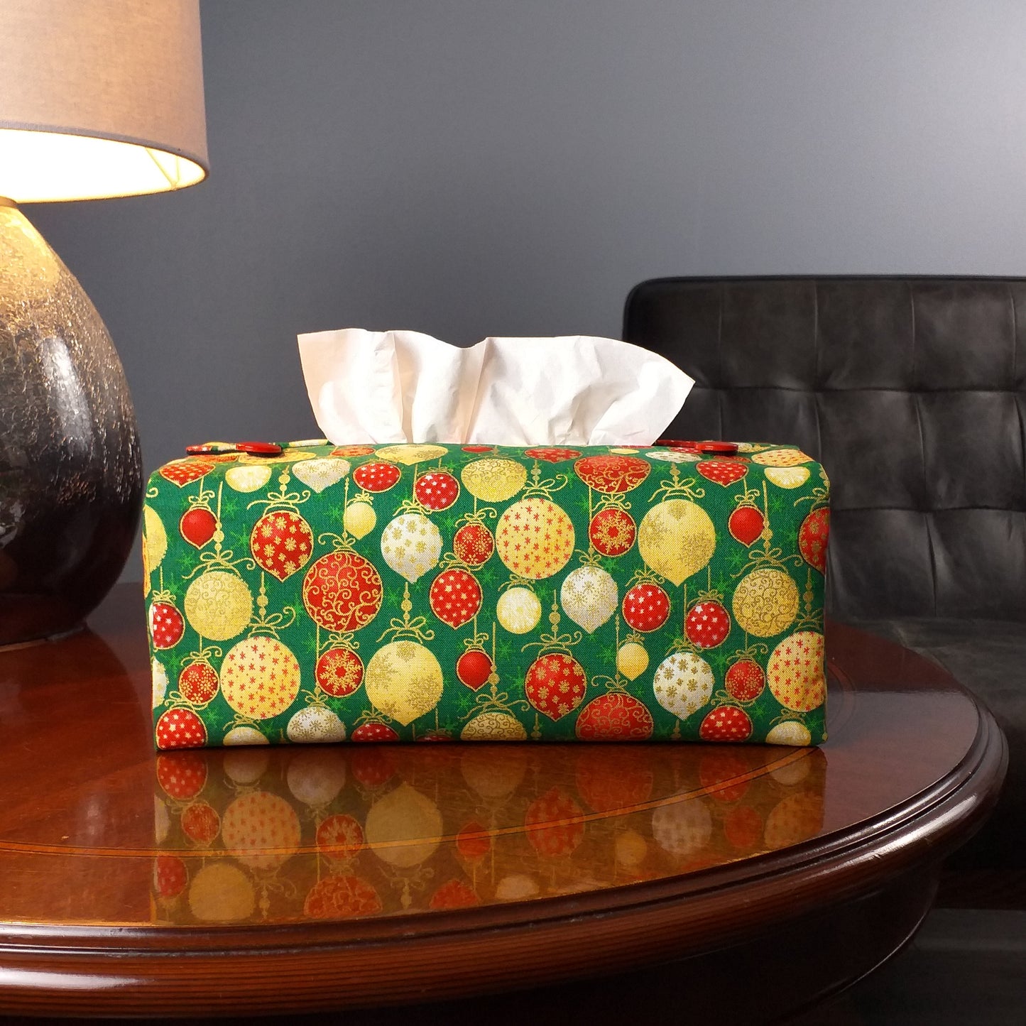 Rectangular Fabric Tissue Box Cover - Christmas Baubles Design
