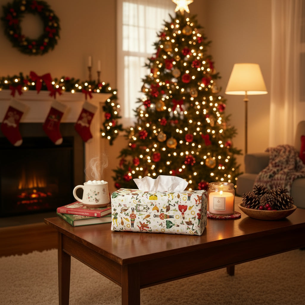Rectangle tissue box with holiday themed 12 days of Christmas icons cover sitting on a coffee table in a Christmas decorated living room
