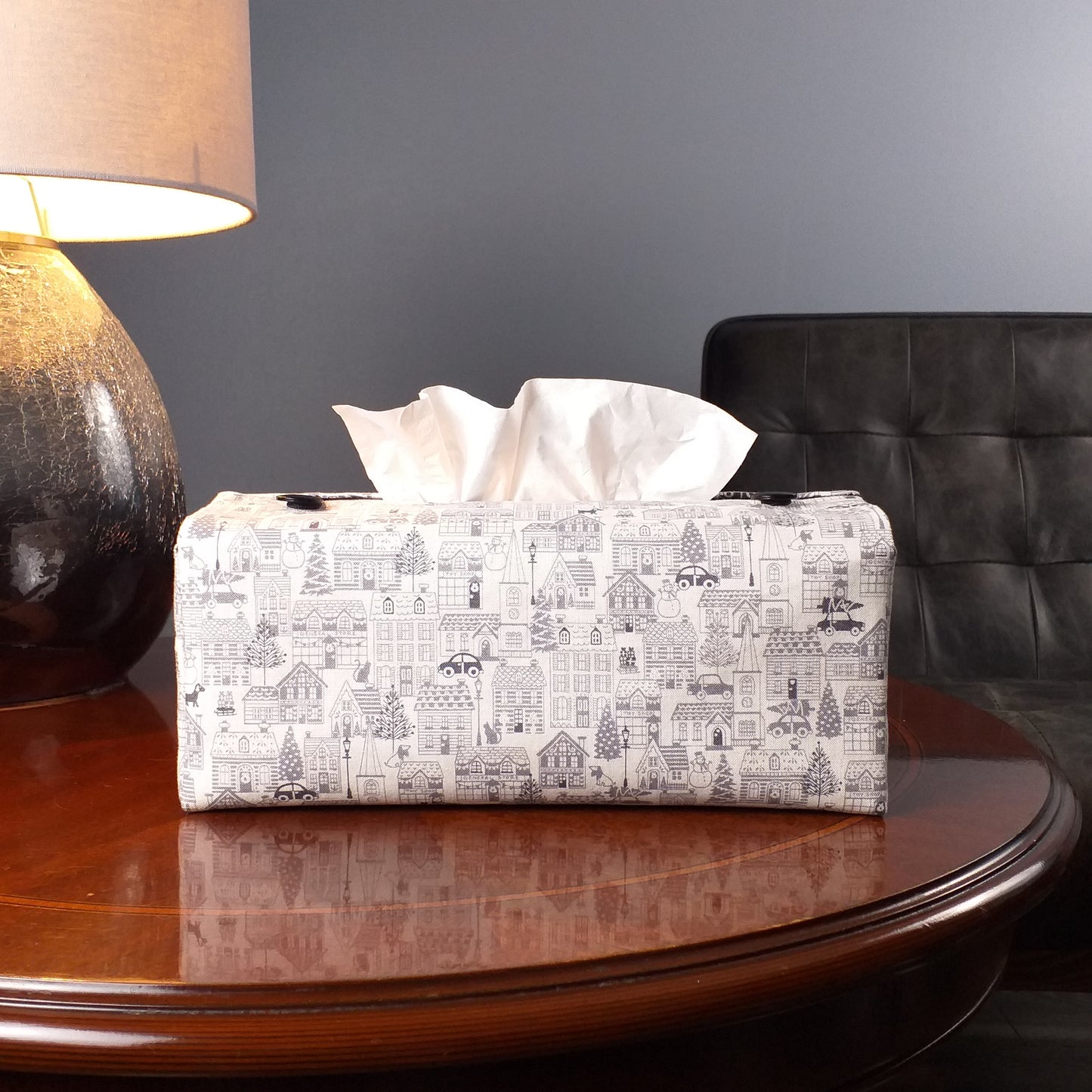 Rectangular Fabric Tissue Box Cover - Winter Village Christmas Design