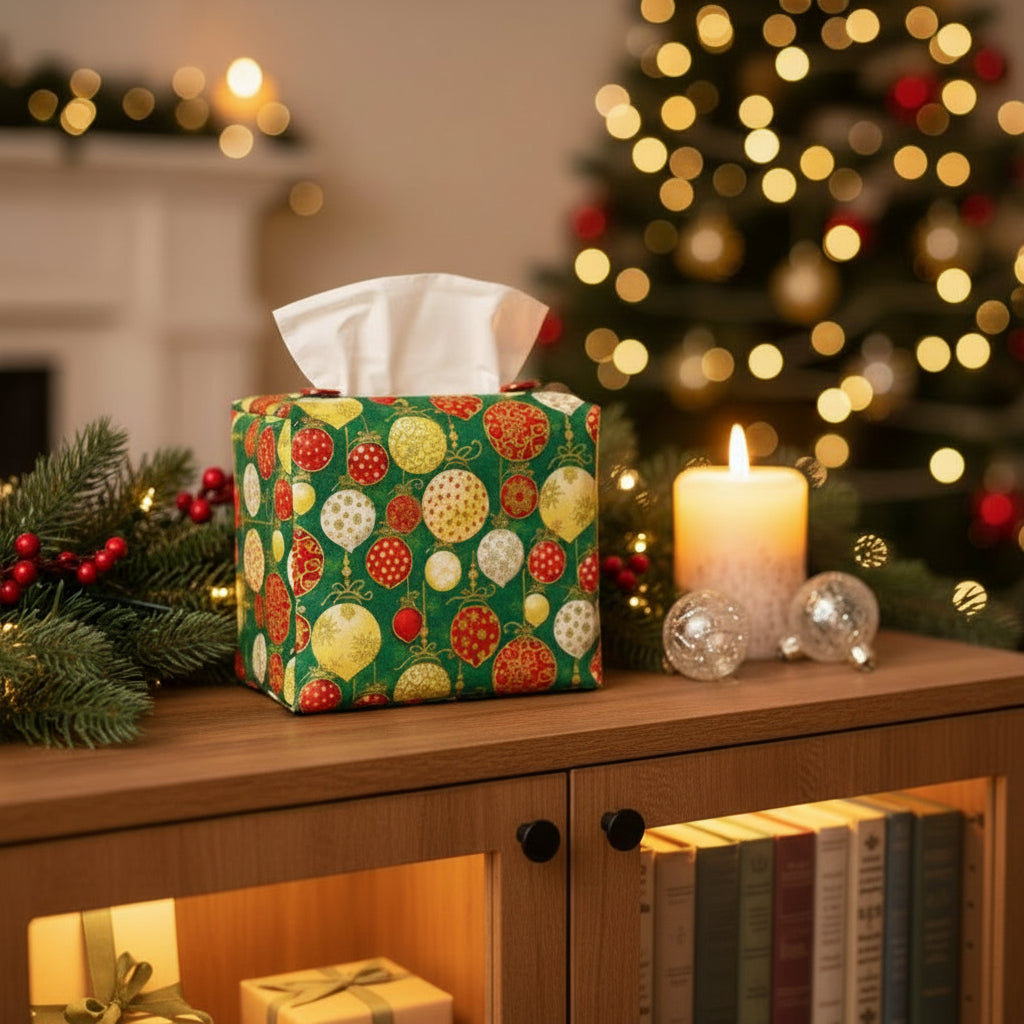 Square tissue box cover sitting on a console cabinet in a living room with Christmas theme