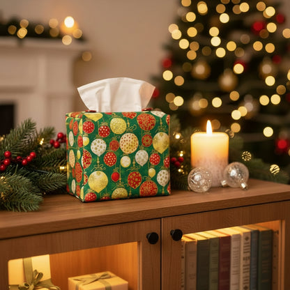 Square tissue box cover sitting on a console cabinet in a living room with Christmas theme