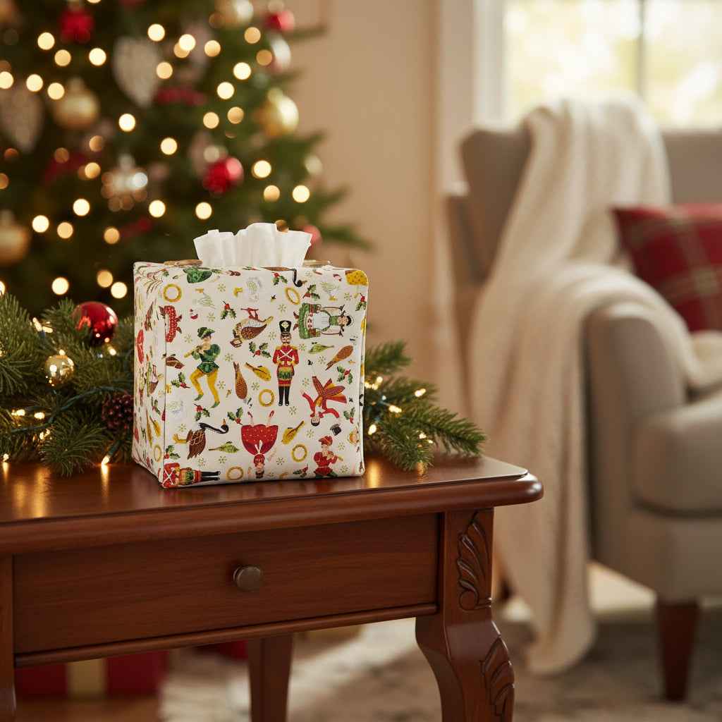 Square tissue box cover sitting on a side table in a living room with Christmas theme