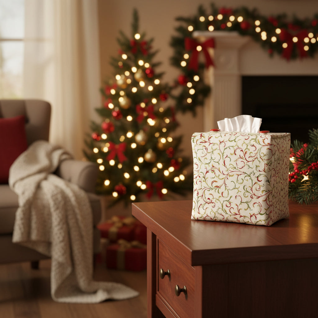 Square tissue box cover sitting on a side table in a living room with Christmas theme