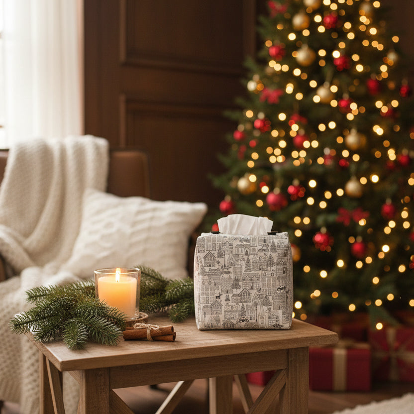 Square tissue box cover sitting on a side table in a living room with Christmas theme