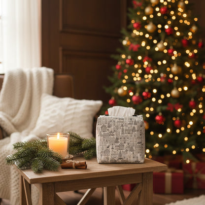 Square tissue box cover sitting on a side table in a living room with Christmas theme