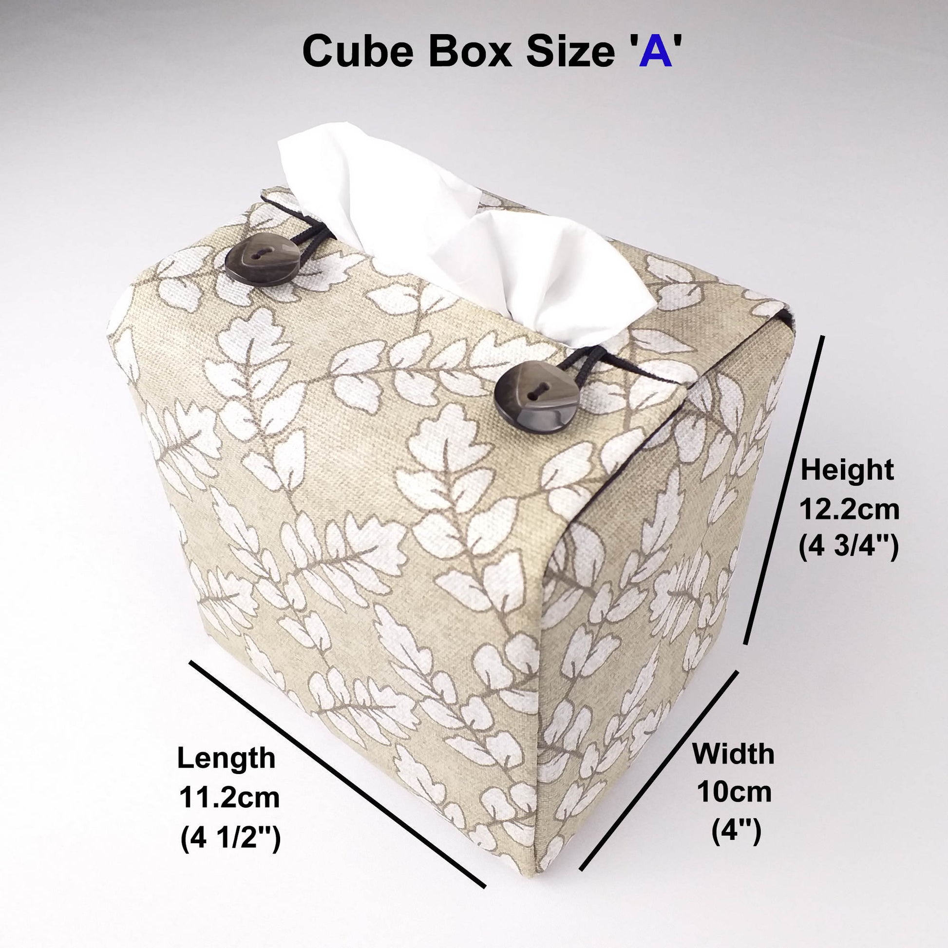 Square tissue box cover with off-white ash leaf pattern on oatmeal colour background