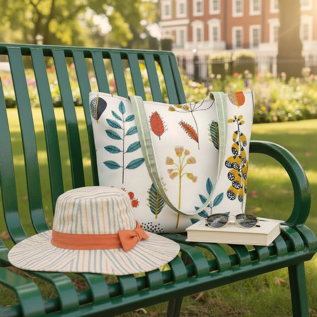Large tote bag with multi-colour wild flowers design on an off-white background sitting on a park bench in a community park