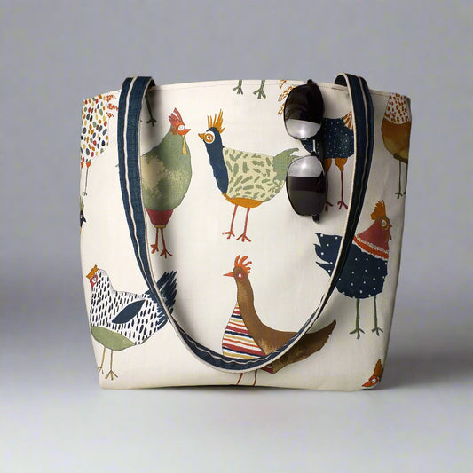 Large mini tote bag with multi-colour hens design on beige background