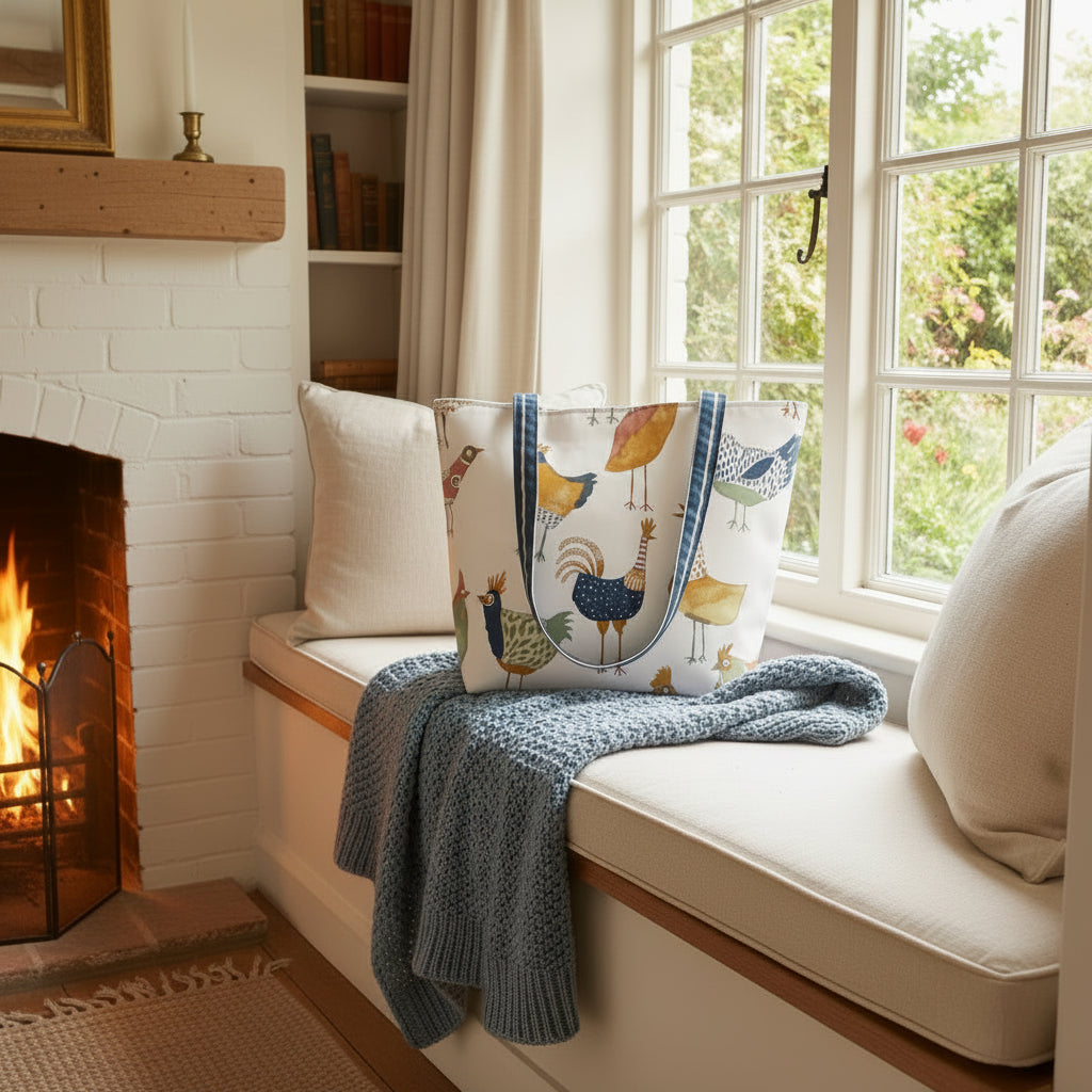 Large tote bag with multi-colour hens design on beige background sitting on a window seat in a countryside living room