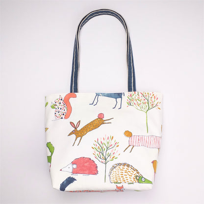 Back view of large tote bag with forest animal design