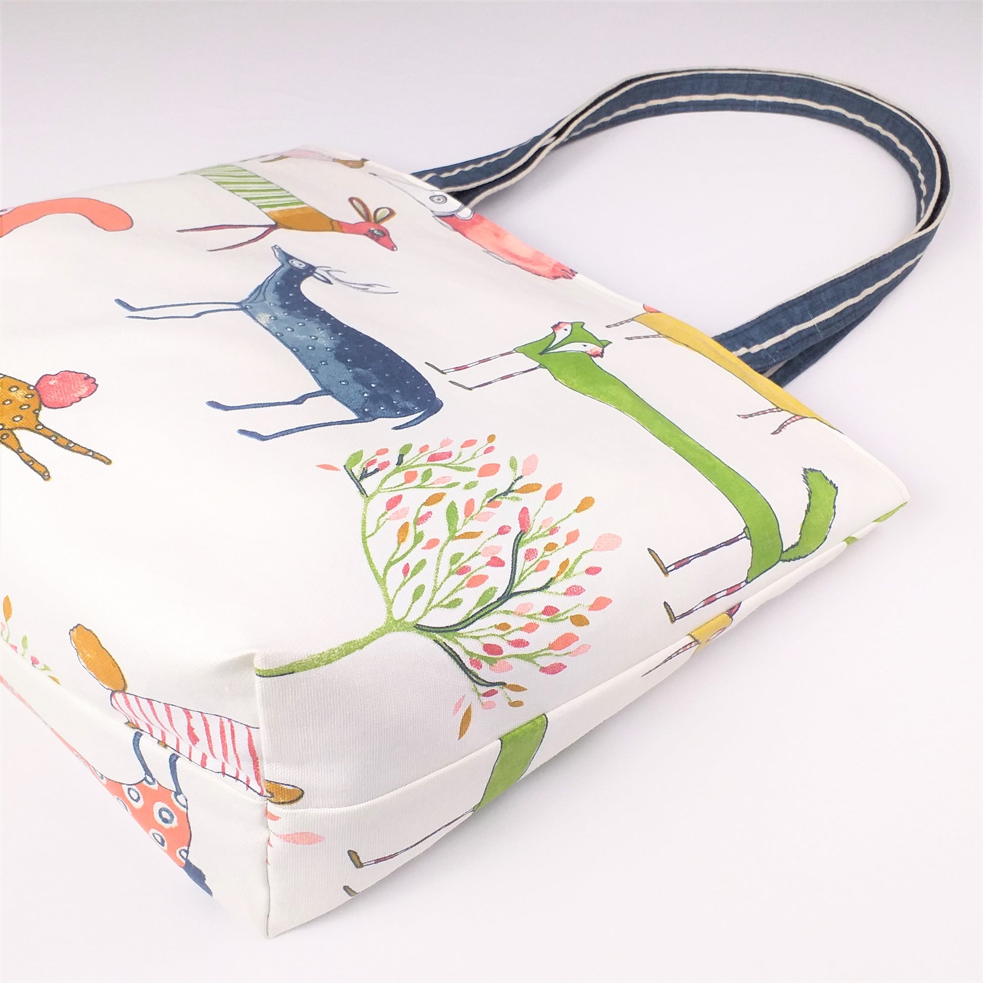 Close up of large tote bag with boxed bottom