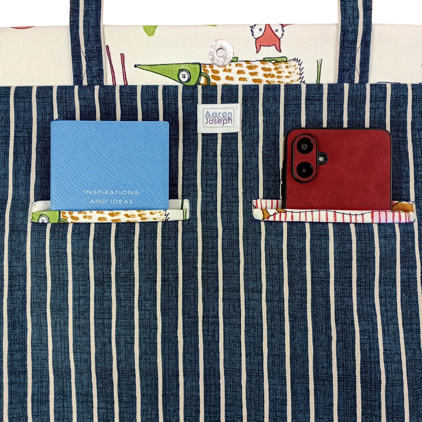 Close up of large tote bag interior with two inside pockets