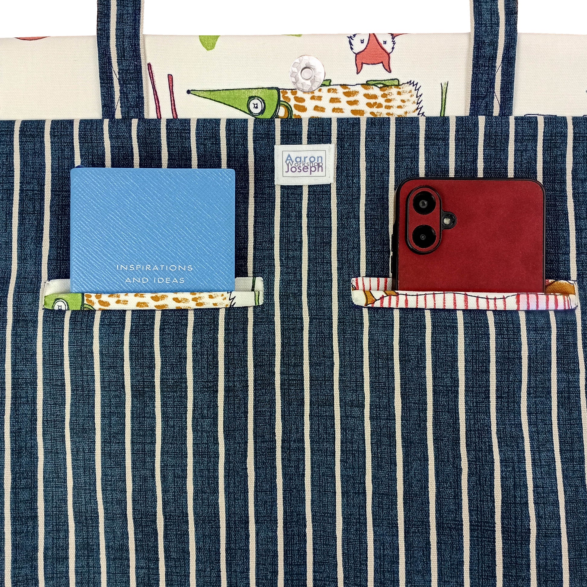 Close up of large tote bag interior with two inside pockets