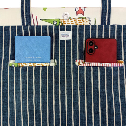 Close up of large tote bag interior with two inside pockets