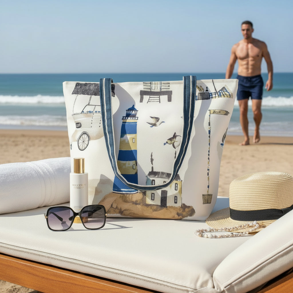 Large tote bag with multi-colour beach huts, lighthouse, seaside shops design on an off-white background sitting on a lounge chair at the beach