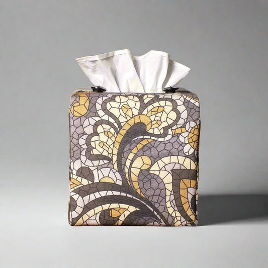 Square tissue box cover with grey and tan paisley mosaic pattern