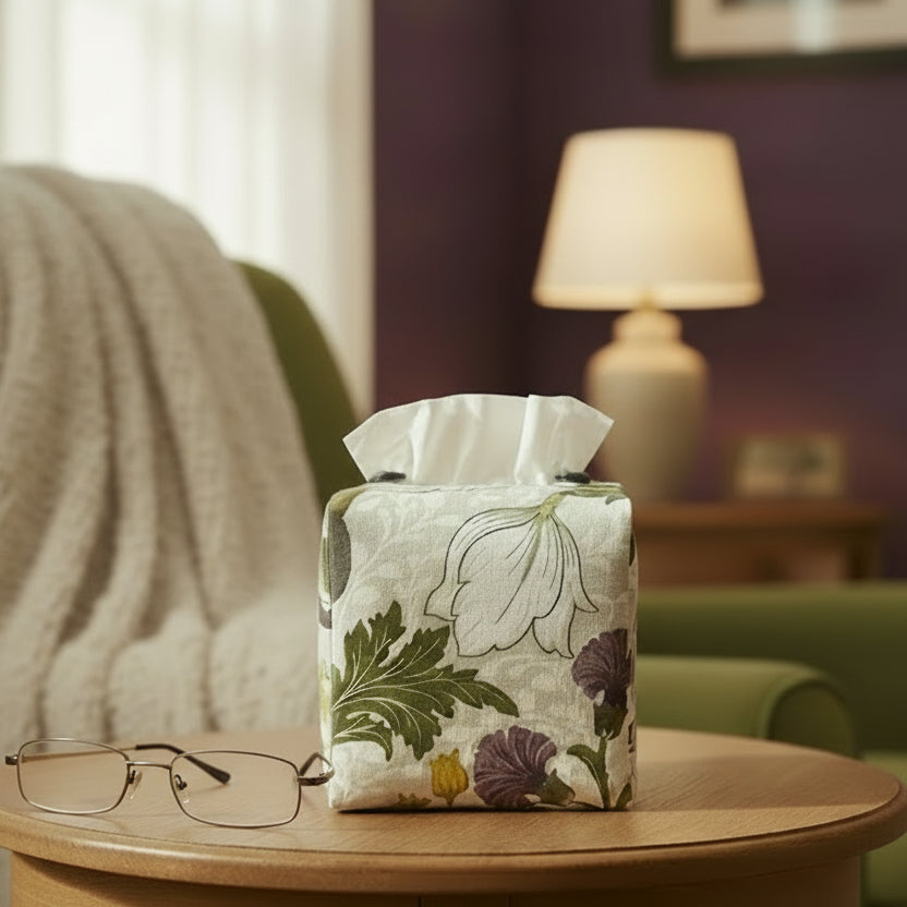 Square tissue box cover sitting on a side table in a contemporary home living room