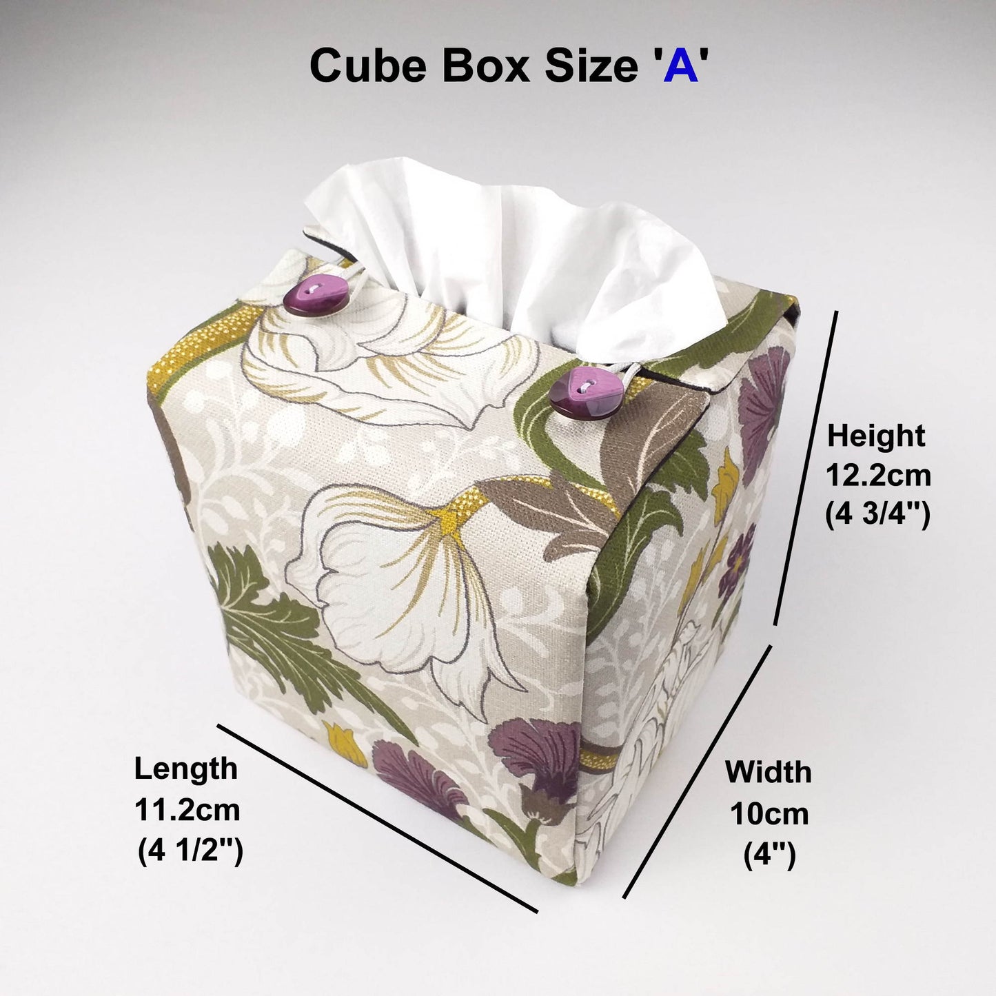 Square tissue box cover with product details