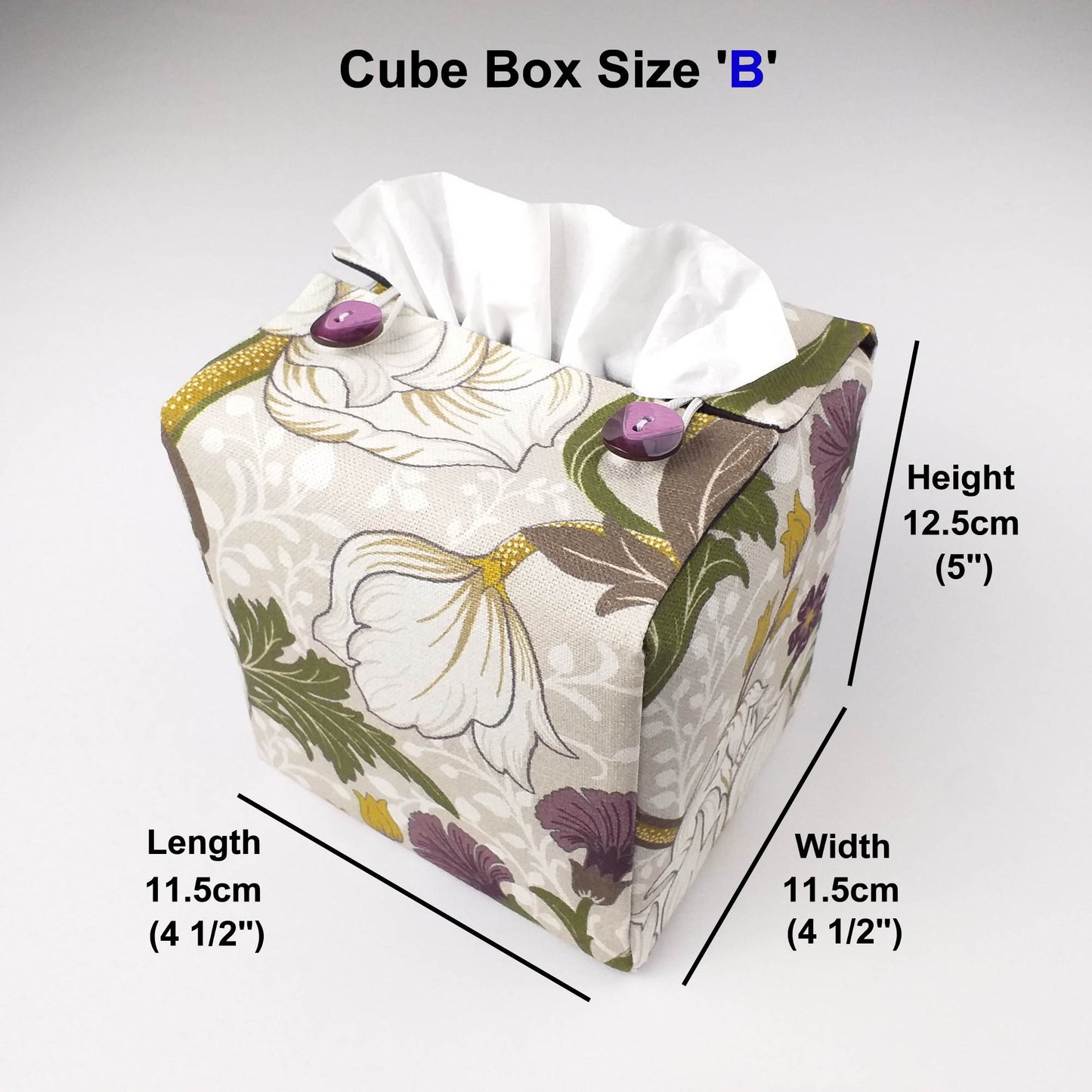 Square tissue box cover with product details