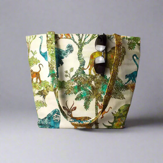 Large cotton tote bag with elephant, giraffe, water buffalo, monkey, panther, gorilla, lemur, rhinoceros design