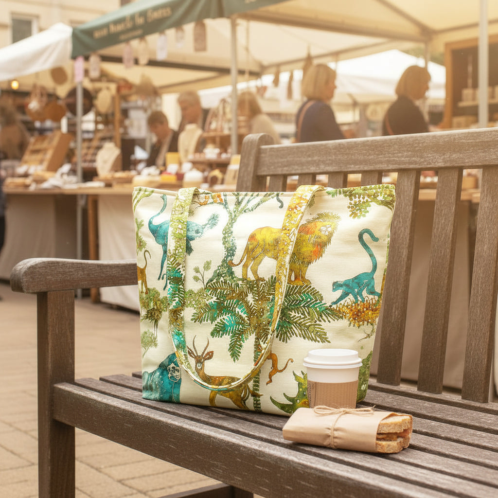 Large cotton tote bag with elephant, giraffe, water buffalo, monkey, panther, gorilla, lemur, rhinoceros design sitting on an outdoor bench at an artisan market