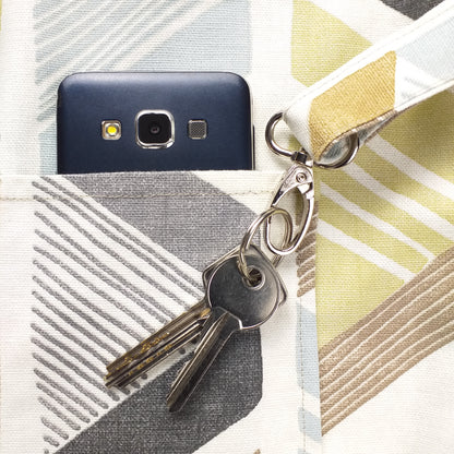 Close up view of a large tote bag interior key clasp