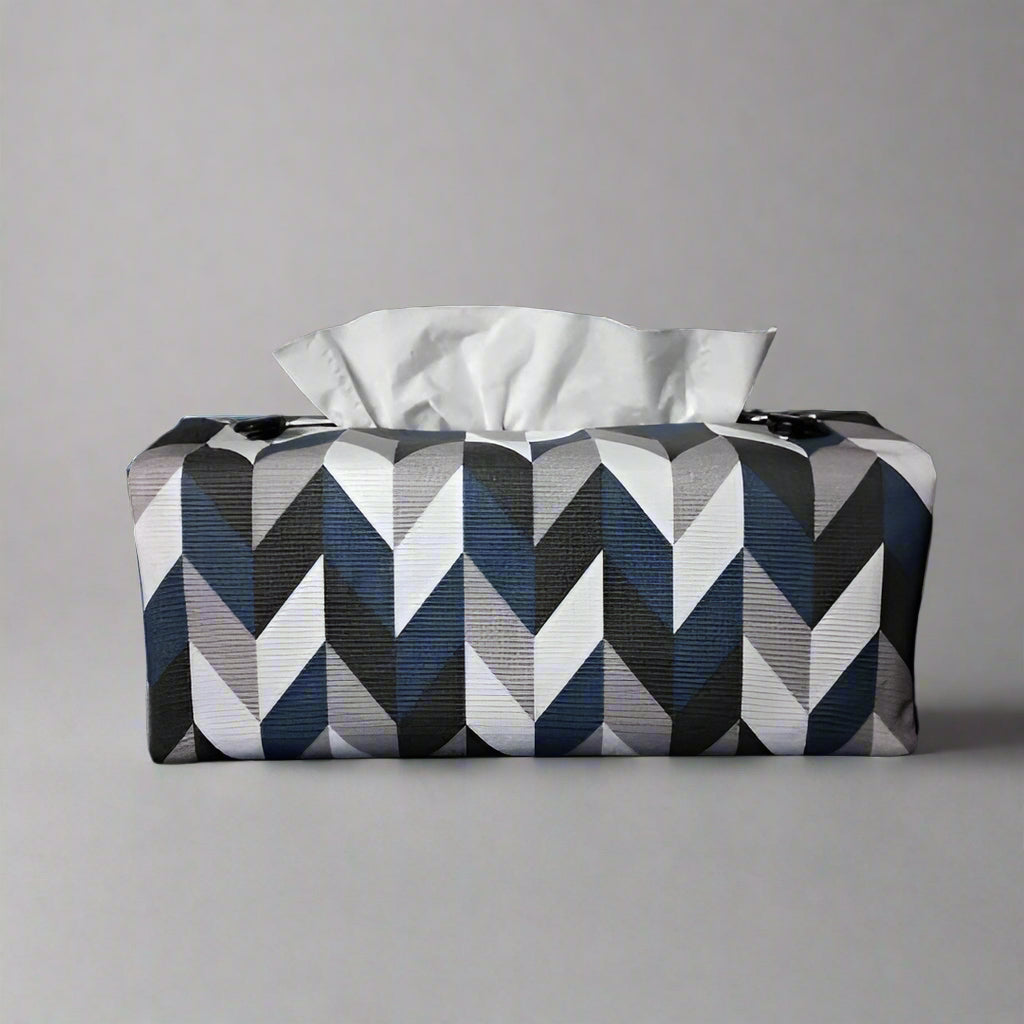 Cotton rectangle tissue box cover with blue, grey, white, and black herringbone pattern