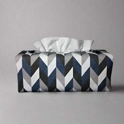 Cotton rectangle tissue box cover with blue, grey, white, and black herringbone pattern