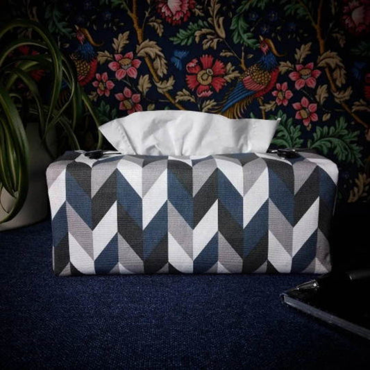 Rectangular Fabric Tissue Box Cover - Blue Herringbone
