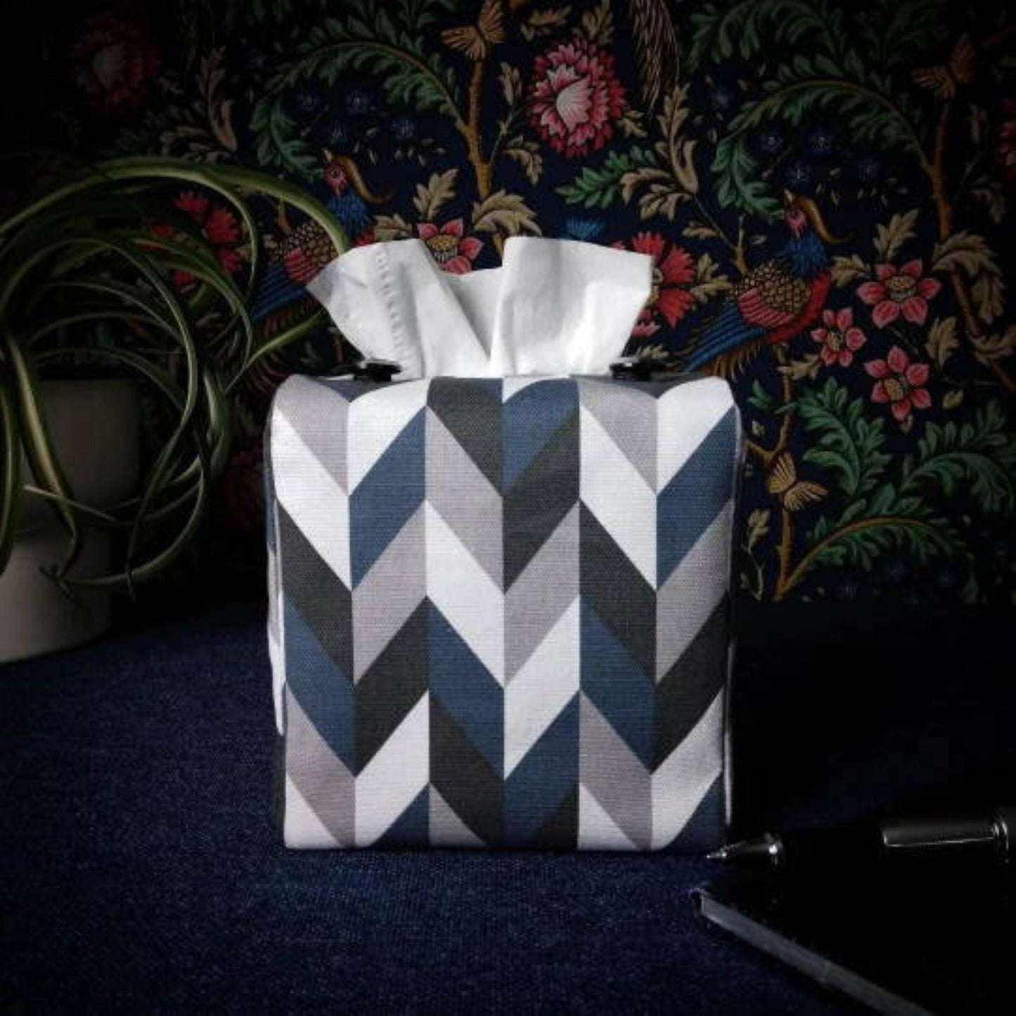 Cube Fabric Tissue Box Cover - Blue Herringbone