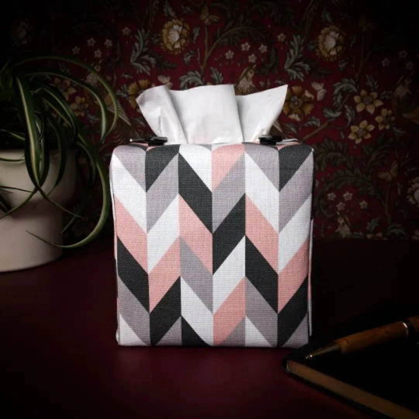 Cube Fabric Tissue Box Cover - Pink Herringbone