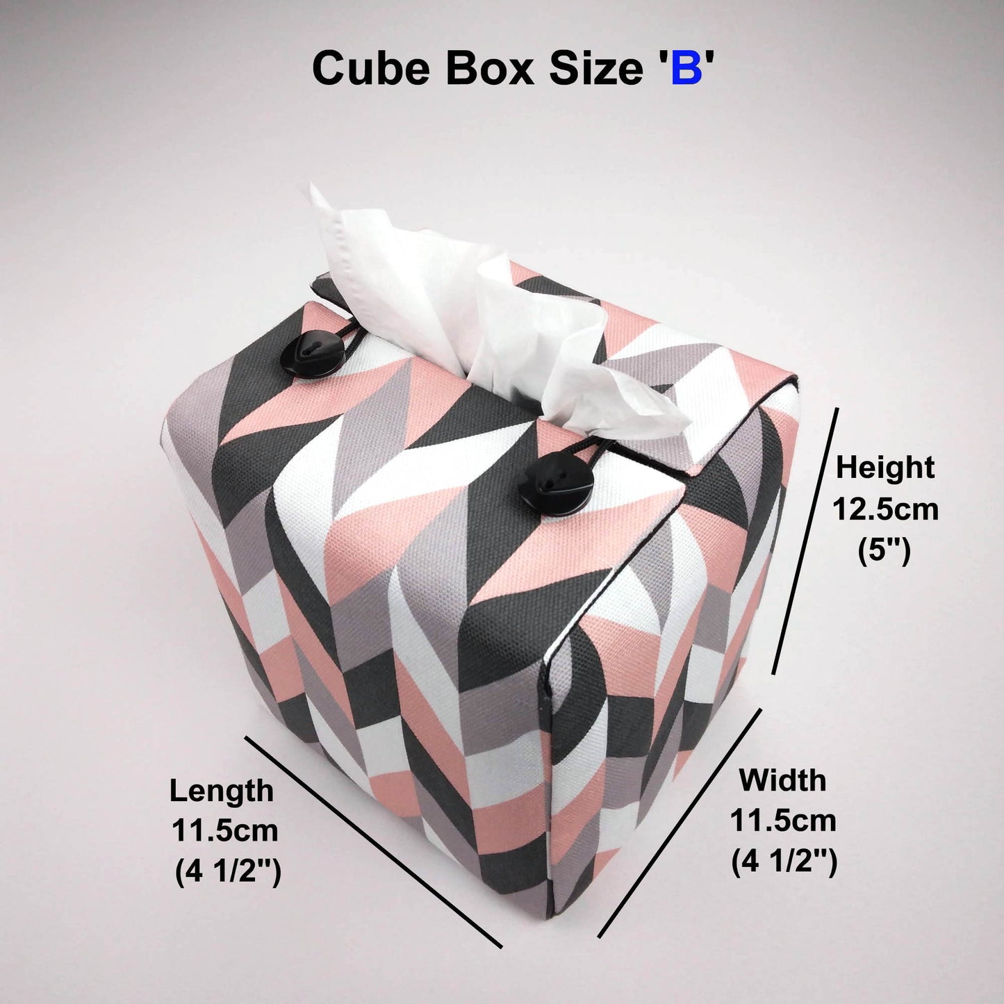 Square tissue box cover with pink, grey, white and black herringbone pattern