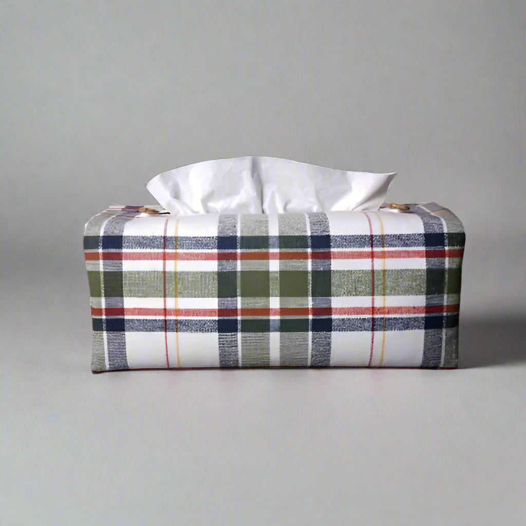 Rectangle tissue box cover with green, blue, white, yellow and red plaid pattern