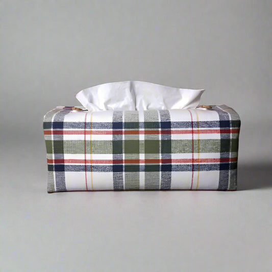 Rectangle tissue box cover with green, blue, white, yellow and red plaid pattern