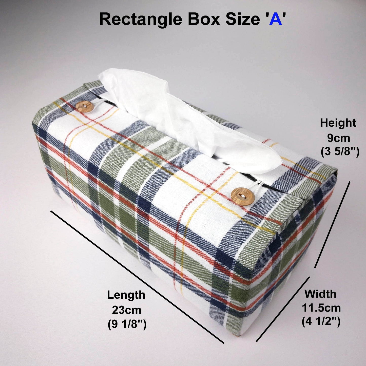 Rectangle tissue box cover with green, blue, white, yellow and red plaid pattern