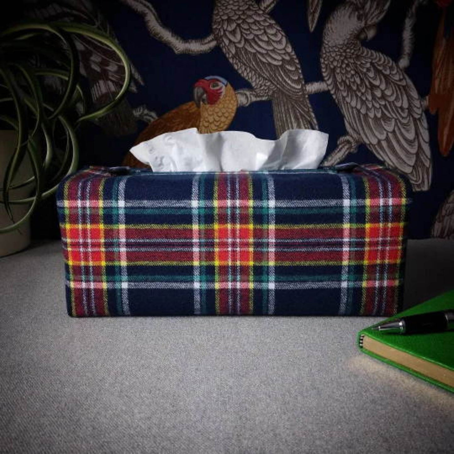 Rectangular Fabric Tissue Box Cover - Navy Orange Plaid