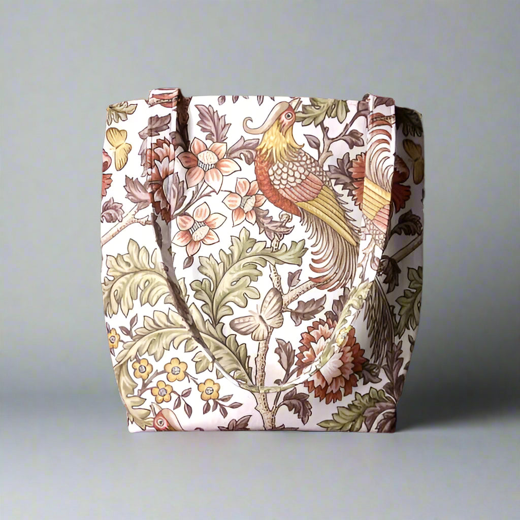 Large tote bag with pheasants and flowers design on natural colour background