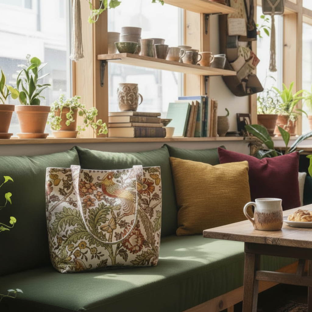 Large tote bag with pheasants and flowers design on natural colour background sitting on a window bench in a local coffee house