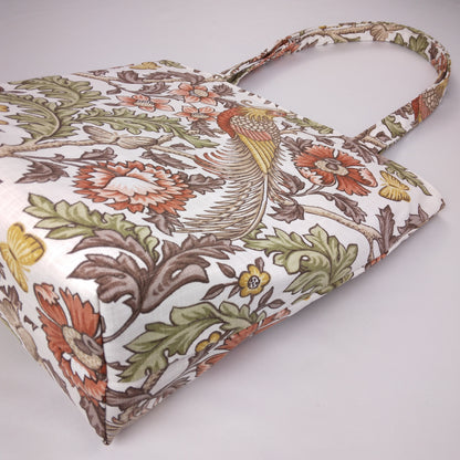 Bottom view of a large tote bag with pheasants and flowers design on natural colour background