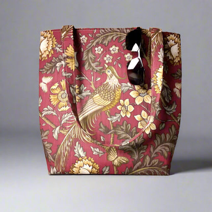 Large tote bag with pheasants and flowers design on red background