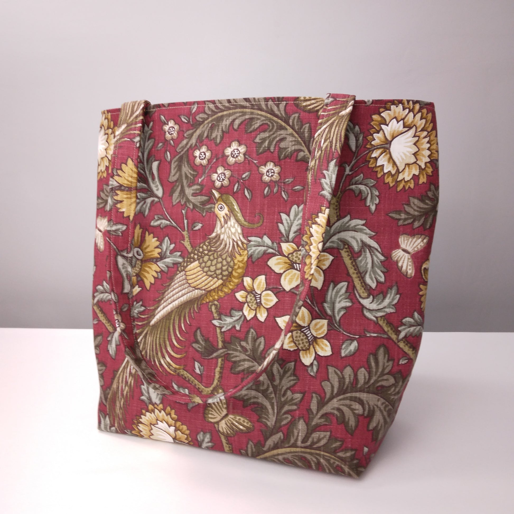 Large tote bag with pheasants and flowers design on red background