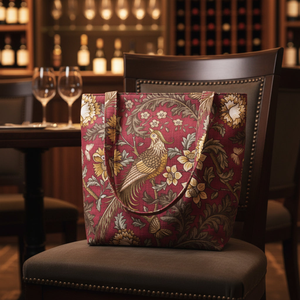 Large tote bag with pheasants and flowers design on red background sitting on a chair in a wine bar