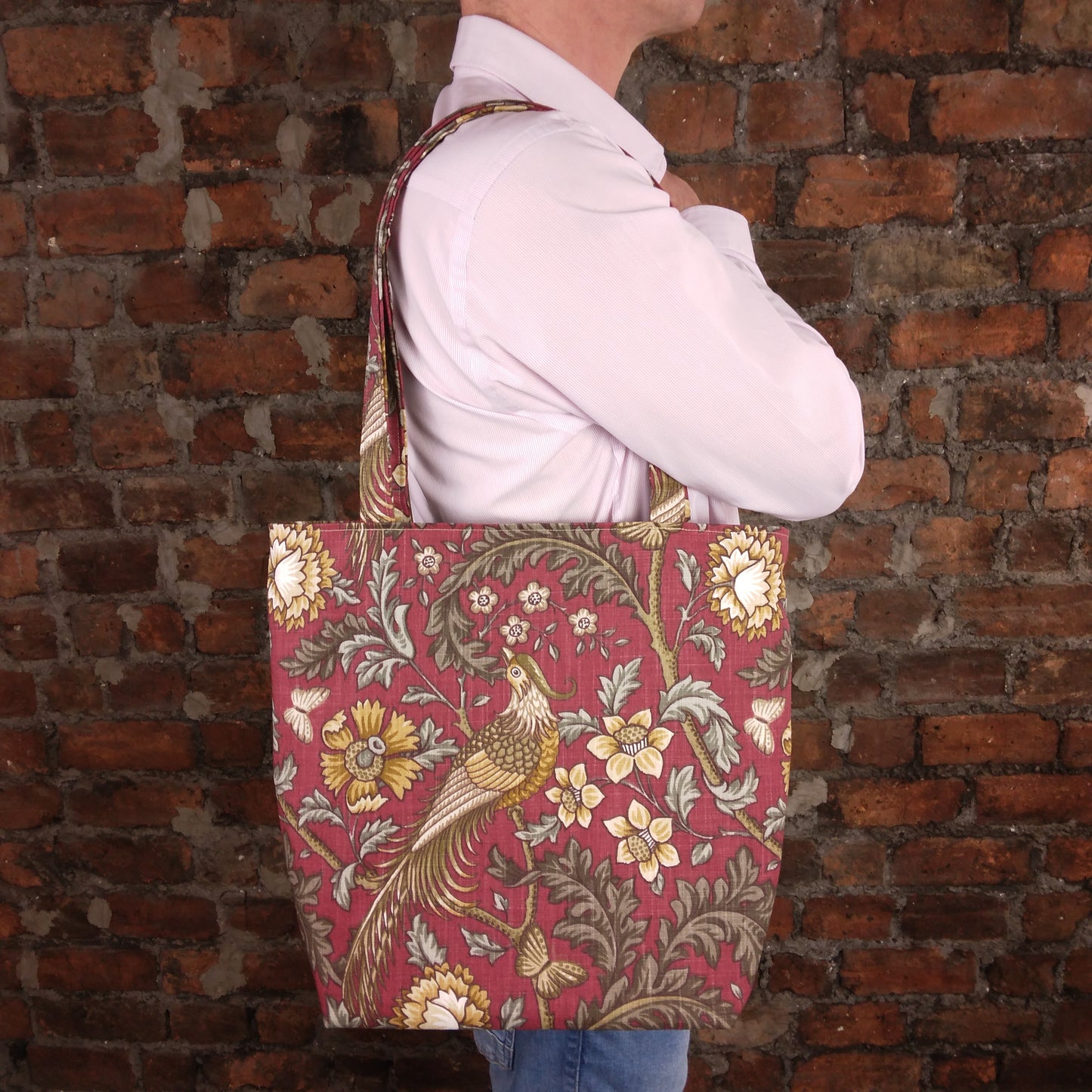 Large tote bag with pheasants and flowers design on red background