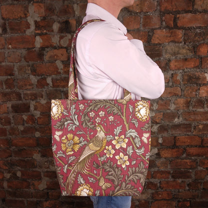 Large tote bag with pheasants and flowers design on red background