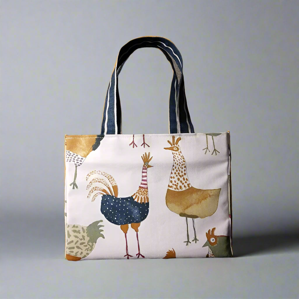 Mini tote bag with multi-colour hens design on beige background
