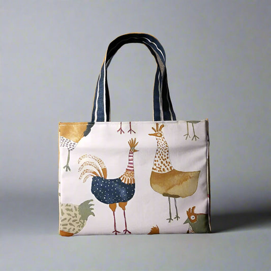 Mini tote bag with multi-colour hens design on beige background