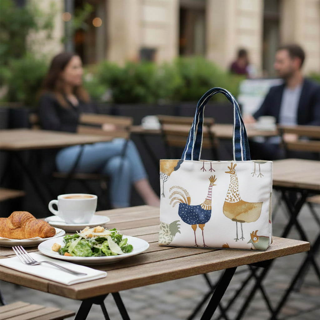Mini tote bag with multi-colour hens design on beige background sitting on an outdoor cafe table at a bistro